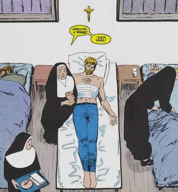 Daredevil Born Again. Escena monjas rezando por la curación de Murdock