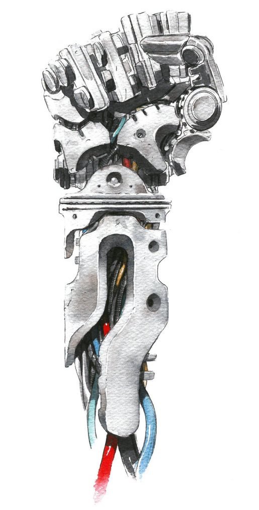 Puño robótico en posición de victoria