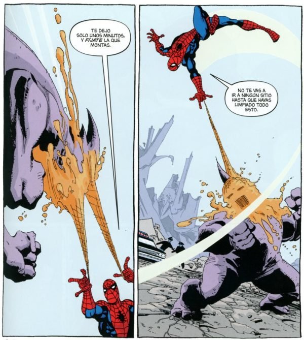 Spiderman Blue luchando con Rhino