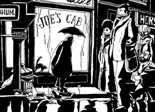 Viñeta en la calle con paragüas