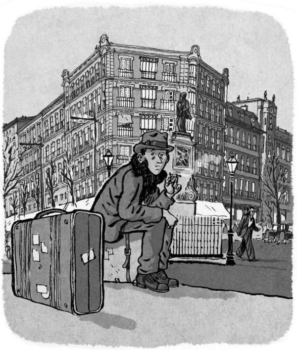 Sentado sobre la maleta fumando un cigarrillo Sentado sobre la maleta fumando un cigarrillo