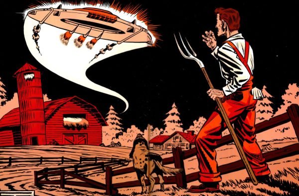 Viñeta de granjero presenciando la llegada de un ovni