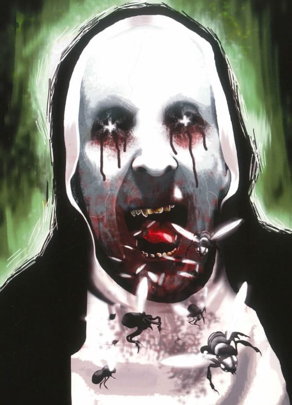 Espíritu maligno expulsando moscas por la boca