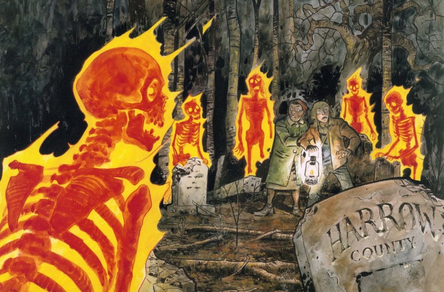 Esqueletos ardientes en el cementerio